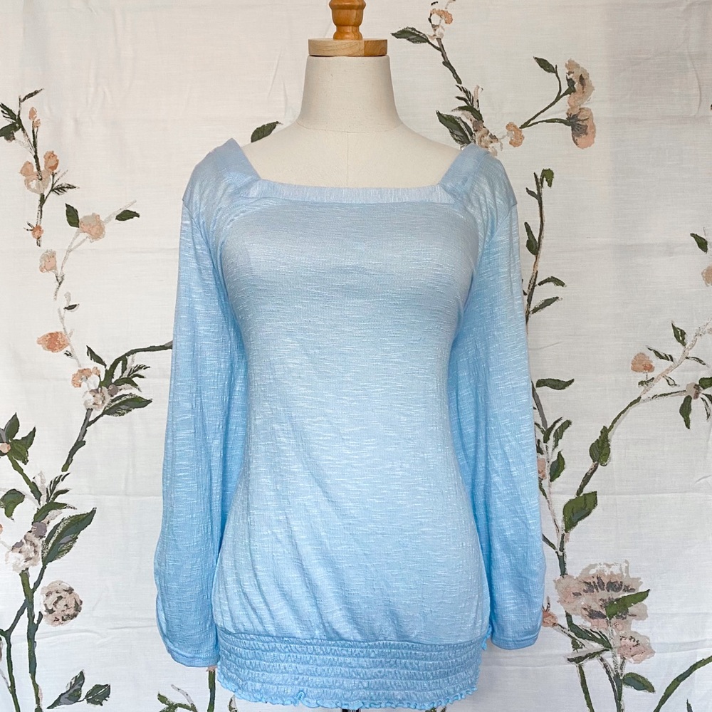 Pastel Blue Squareneck Smocked-Hem Top